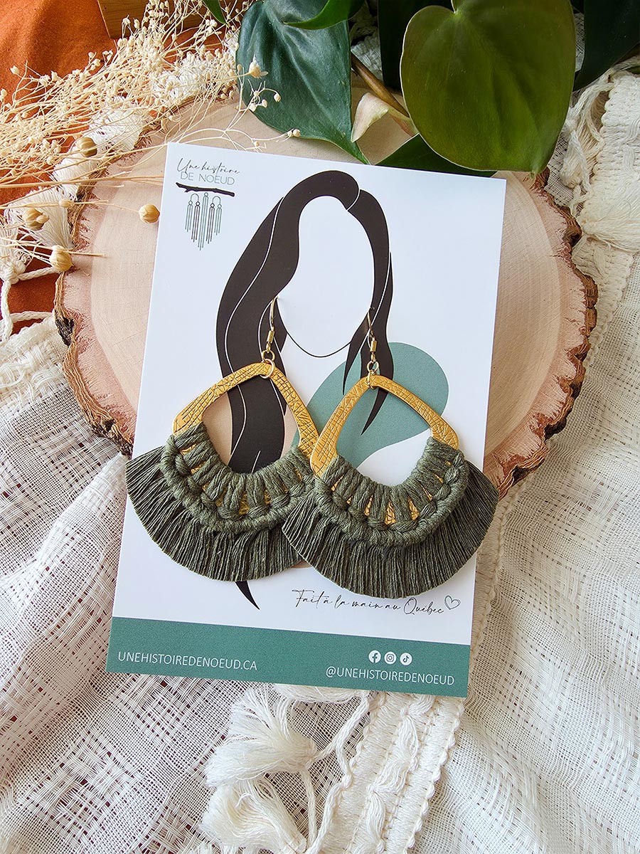 Macrame earrings, wooden base, eucalyptus color, gold clasps