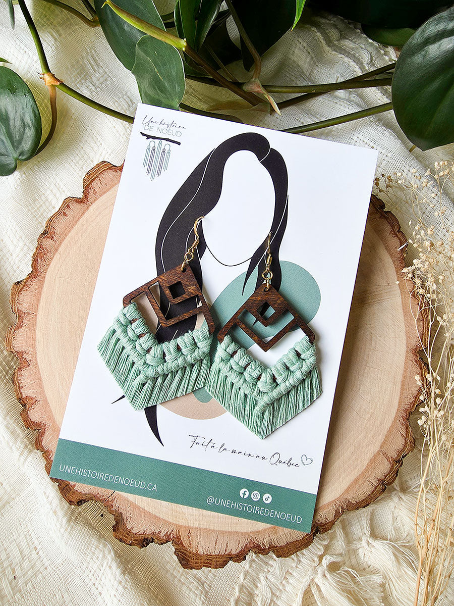 Macrame earrings, wooden base, eucalyptus color, gold clasps