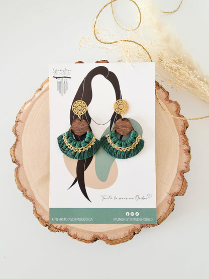 *Mini collection des fêtes* Boucles d'oreilles en macramé, base en bois, couleur vert forêt et or