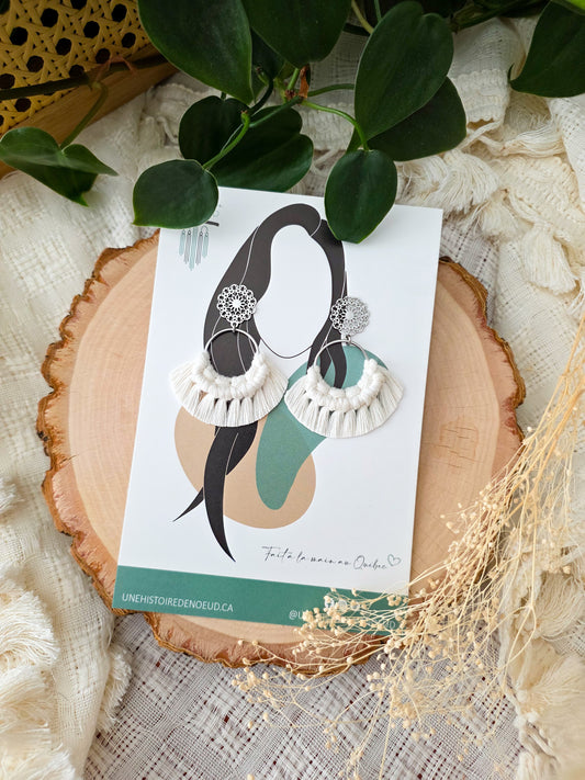 Macrame earrings, wooden base, eucalyptus color, gold clasps