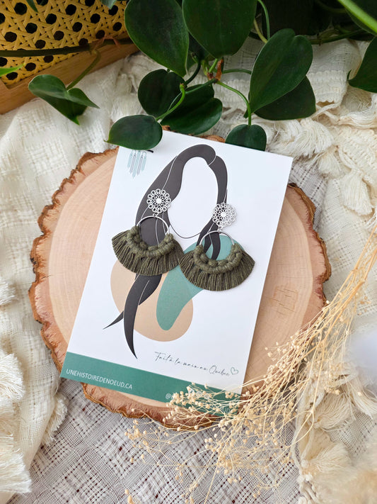 Macrame earrings, wooden base, eucalyptus color, gold clasps