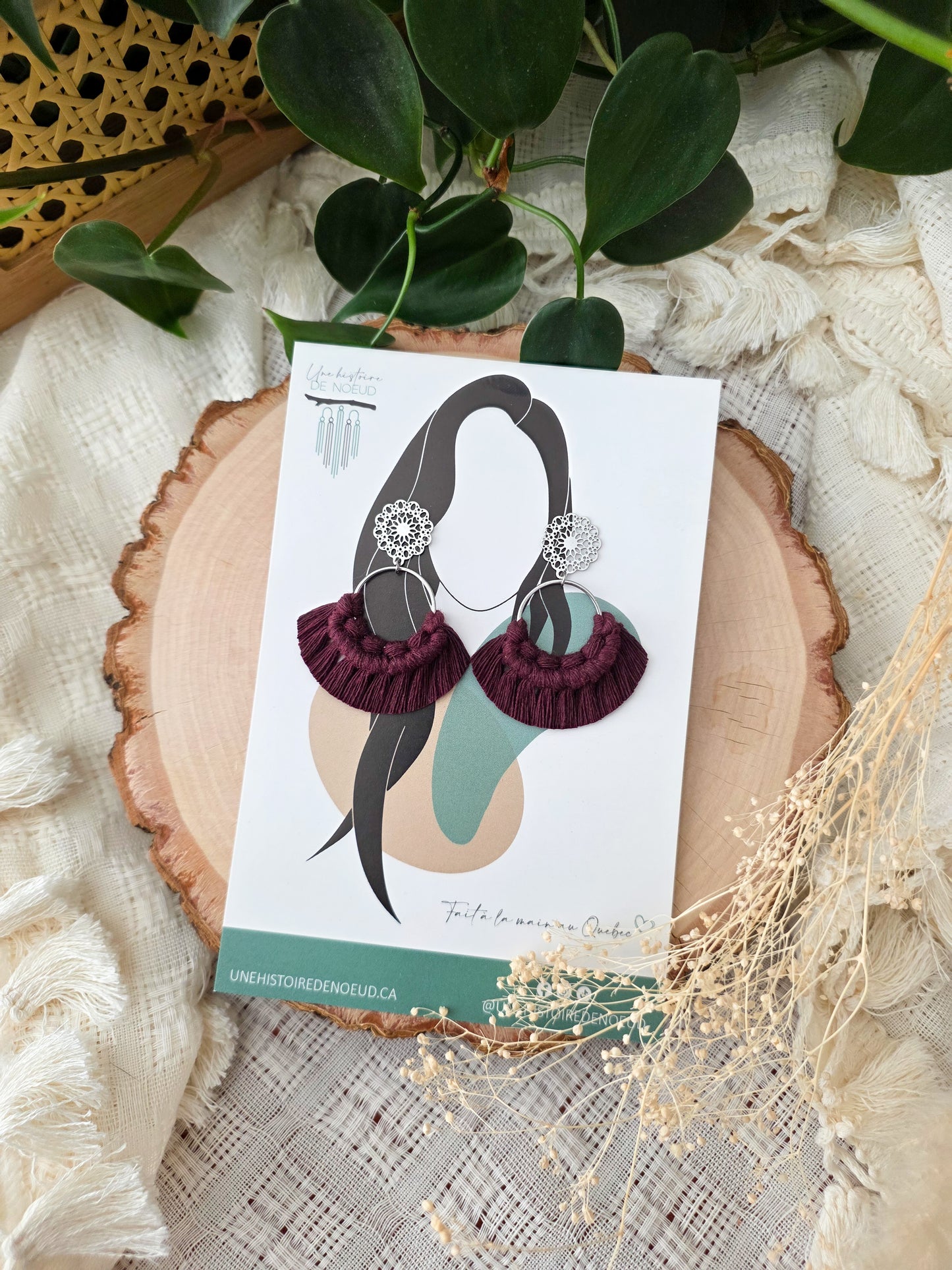 Macrame earrings, wooden base, eucalyptus color, gold clasps