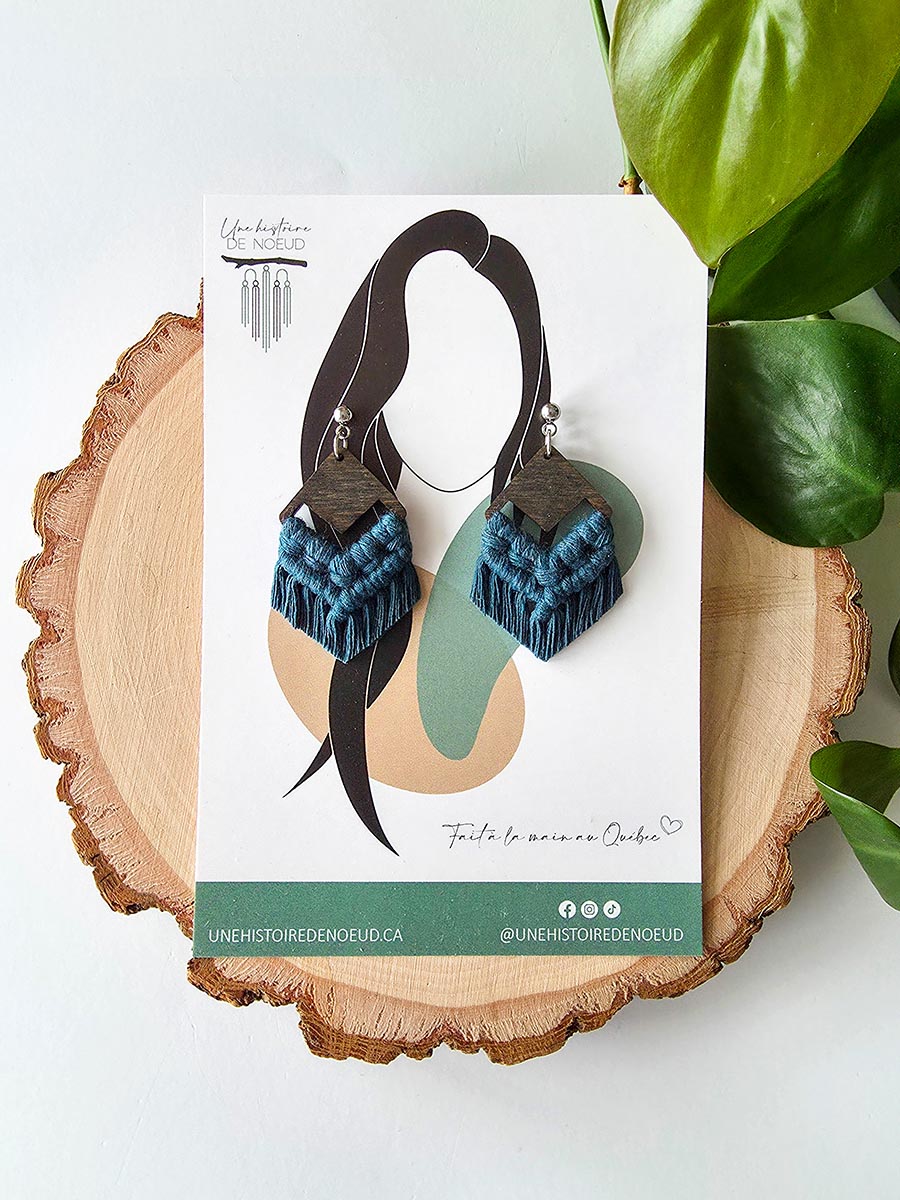 Boucles d’oreilles sur base en bois petite, couleur bleu foncé et attaches argent