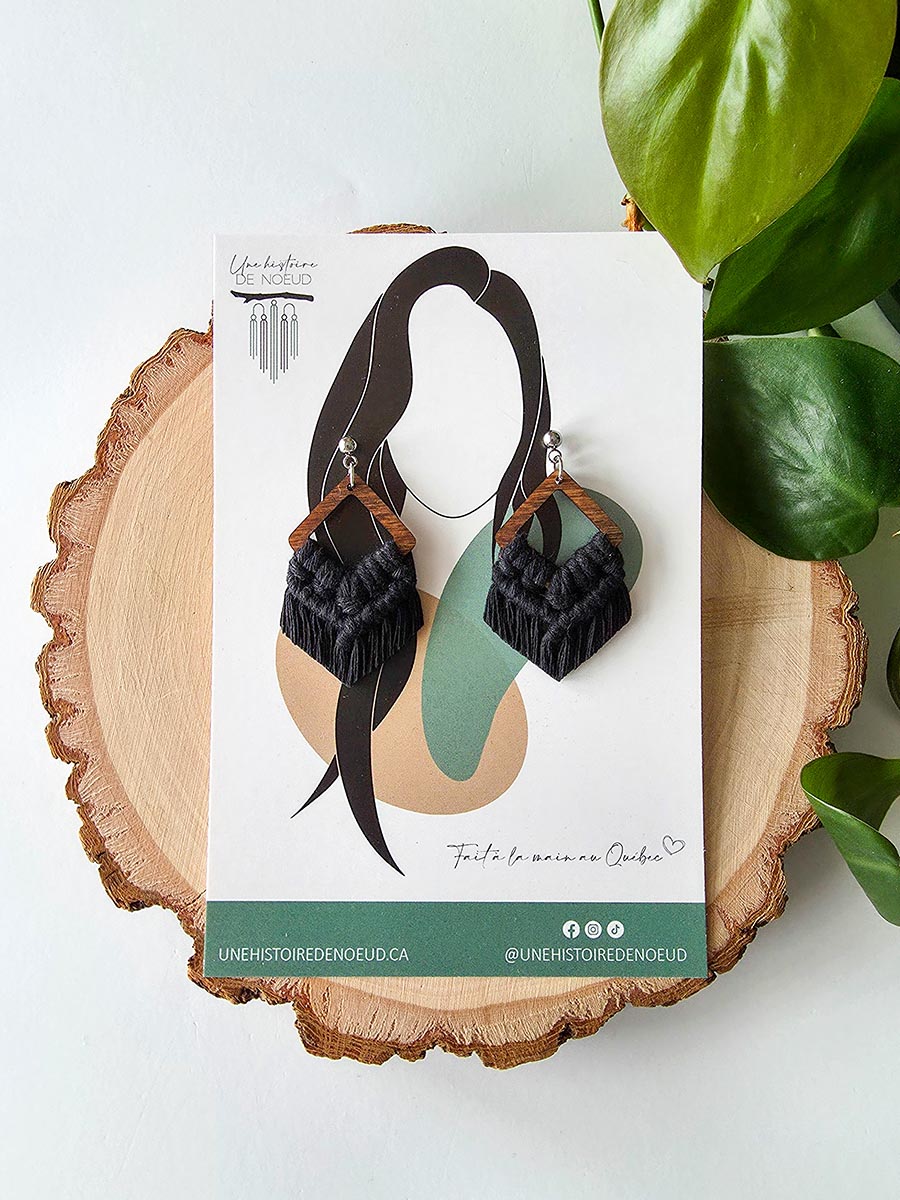 Boucles d’oreilles sur base en bois petite, couleur noir et attaches argent