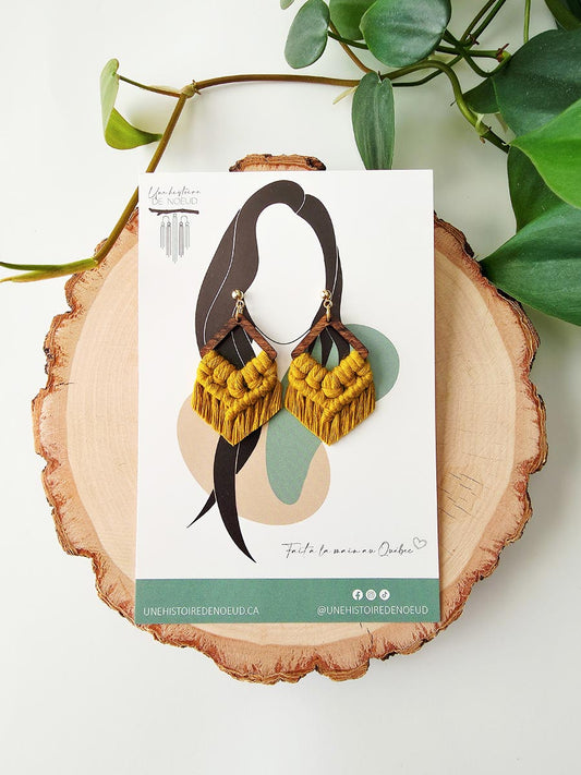 Boucles d’oreilles sur base en bois petite, couleur jaune épicé et attaches or