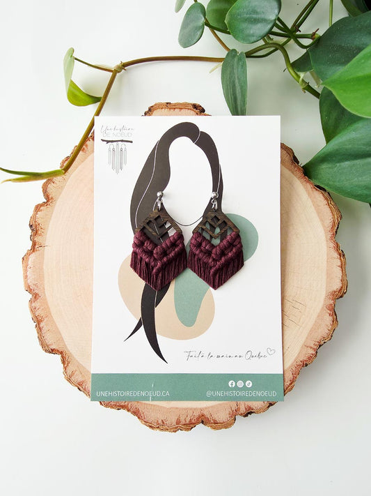 Boucles d’oreilles sur base en bois petite, couleur prune et attaches argent