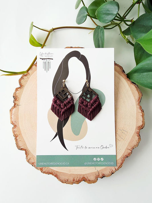 Boucles d’oreilles sur base en bois petite, couleur prune et attaches or