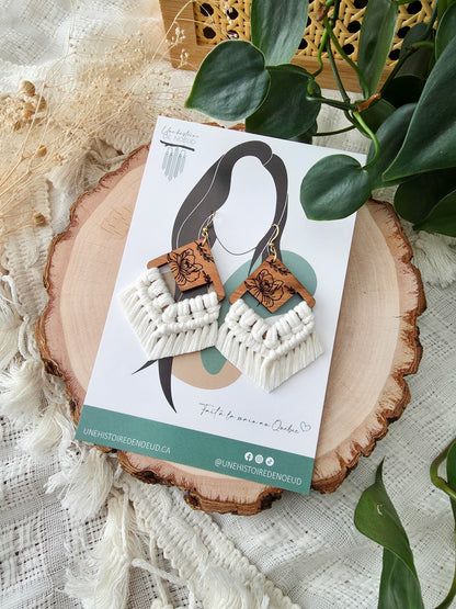 Boucles d’oreilles Flora en bois de cerisier – Format grand, couleur naturel et or