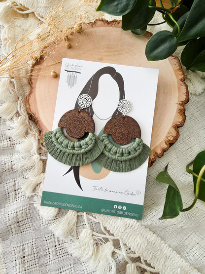 Boucles d’oreilles Mandala en bois de noyer – Format grand, couleur eucalyptus et argent