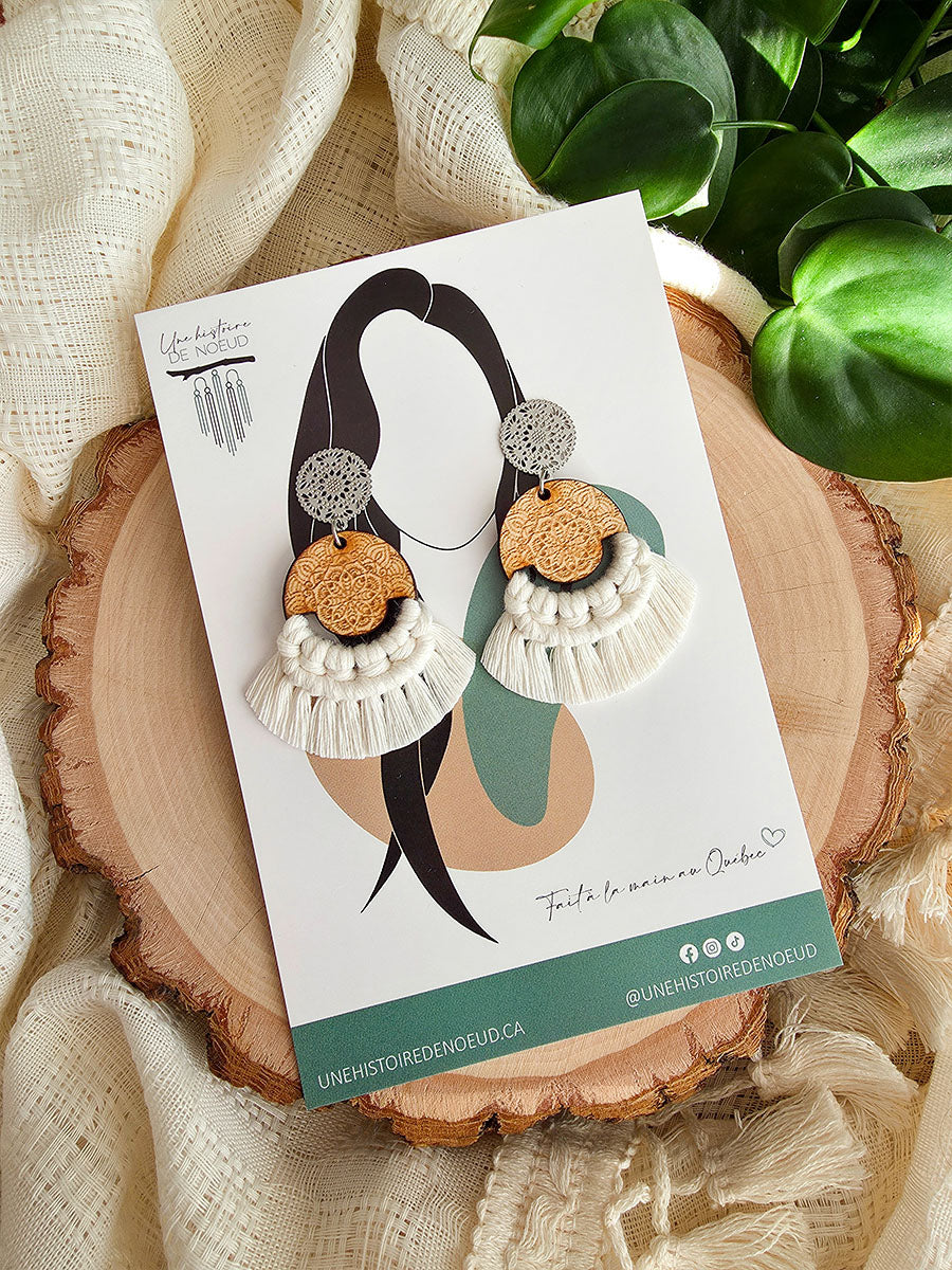 Boucles d’oreilles Mandala – Macramé bohème, couleur naturel et argent