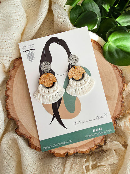 Boucles d’oreilles Mandala – Macramé bohème, couleur naturel et argent