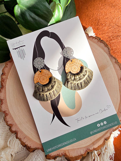 Boucles d’oreilles Mandala – Macramé bohème, couleur olive et argent