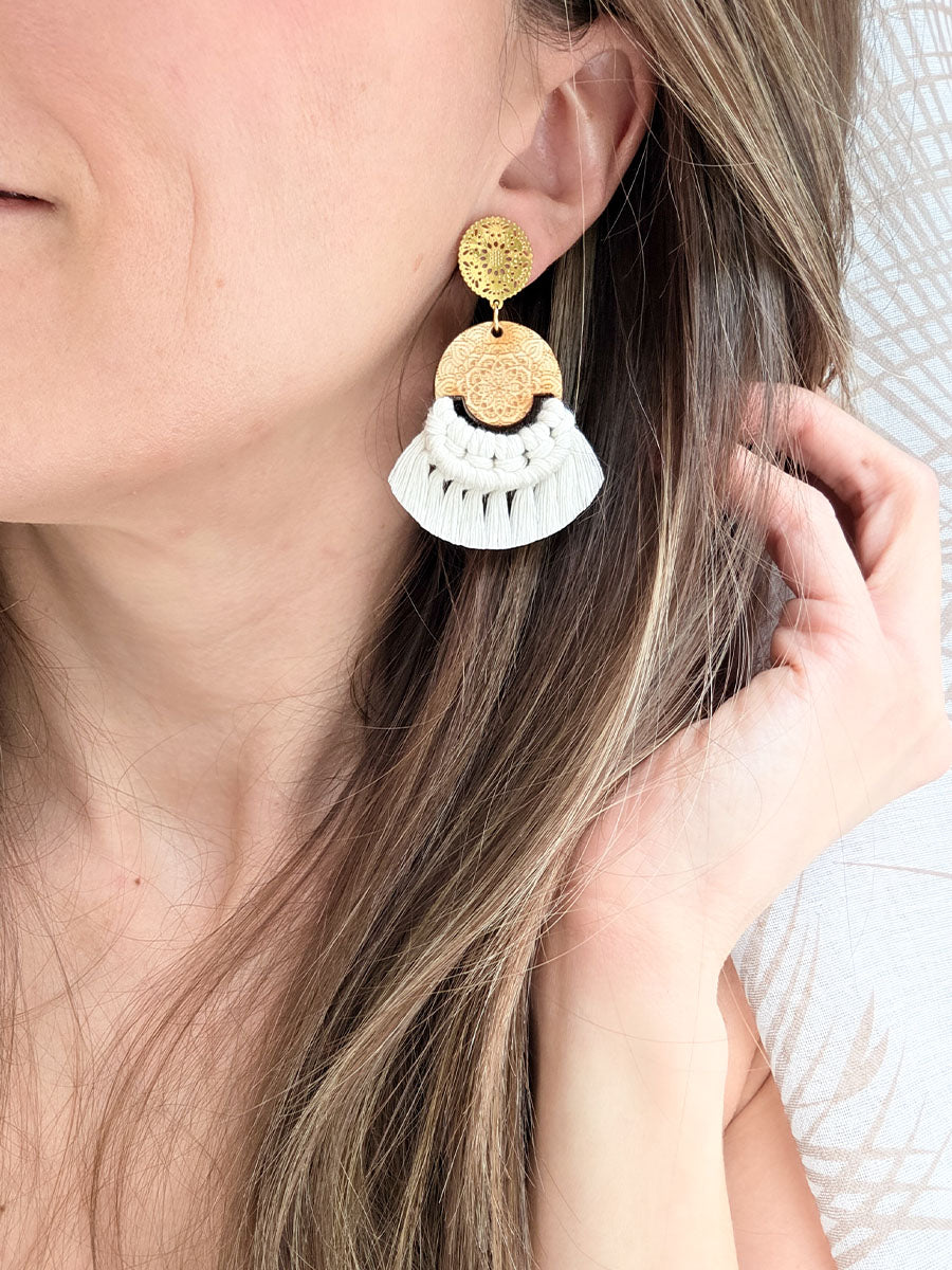 Boucles d’oreilles Mandala – Macramé bohème, couleur naturel
