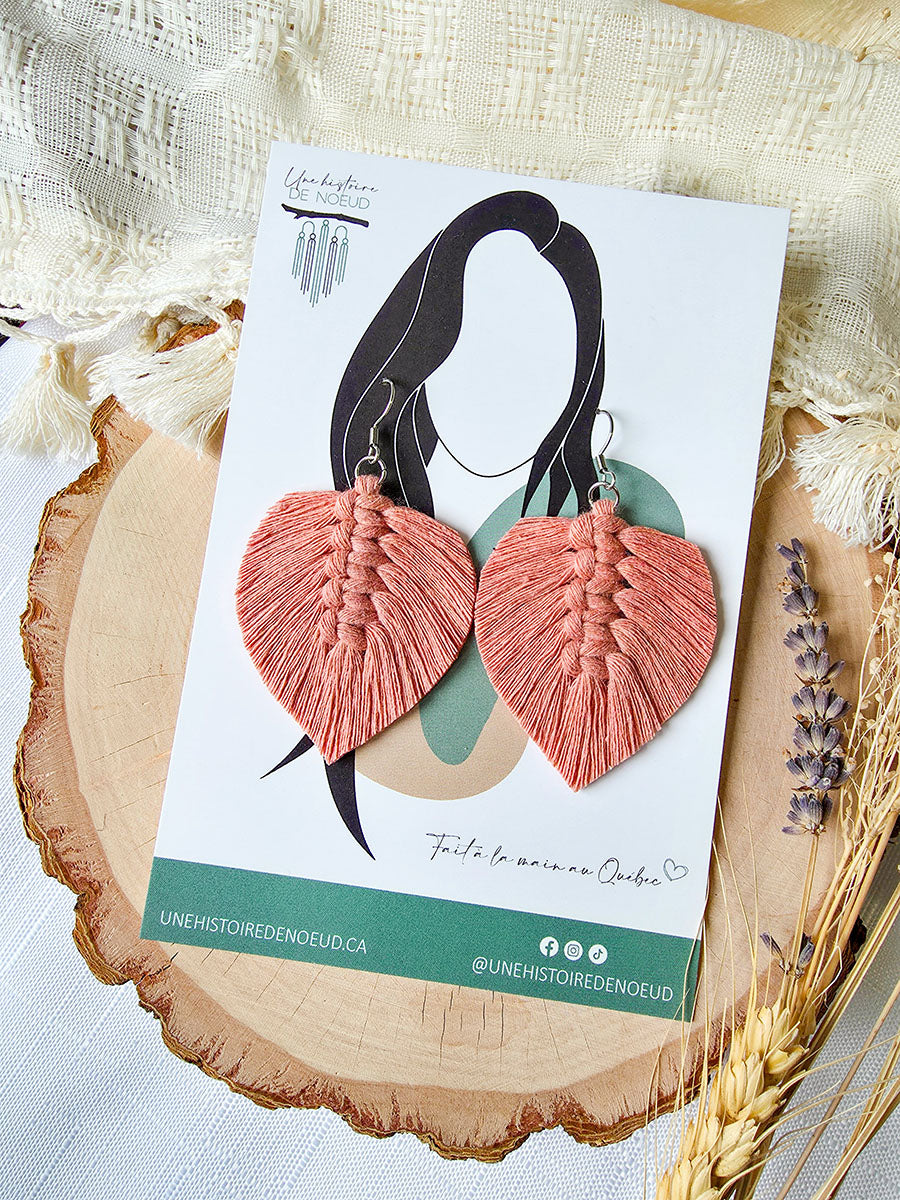 Macrame earrings, wooden base, eucalyptus color, gold clasps