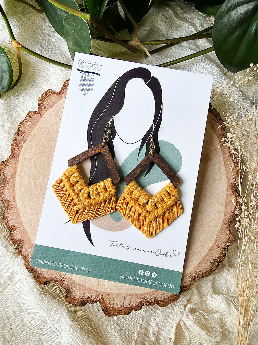 Macrame earrings, wooden base, eucalyptus color, gold clasps