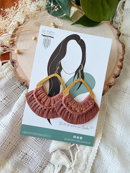 Macrame earrings, wooden base, eucalyptus color, gold clasps