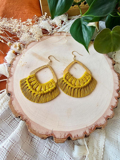Macrame earrings, wooden base, eucalyptus color, gold clasps