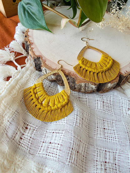 Macrame earrings, wooden base, eucalyptus color, gold clasps