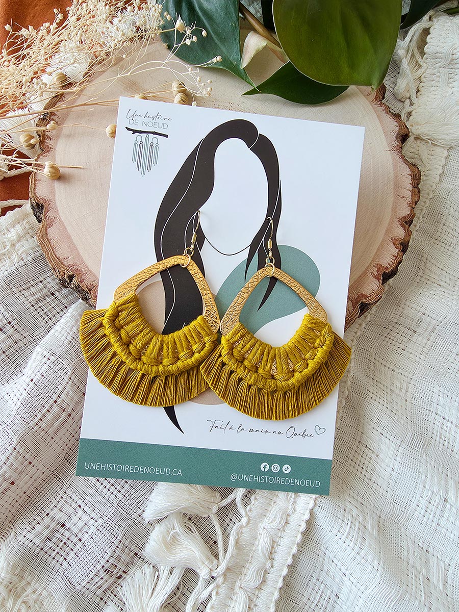 Macrame earrings, wooden base, eucalyptus color, gold clasps