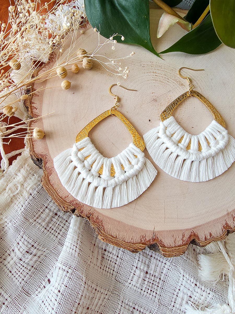Macrame earrings, wooden base, eucalyptus color, gold clasps