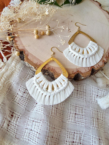 Macrame earrings, wooden base, eucalyptus color, gold clasps