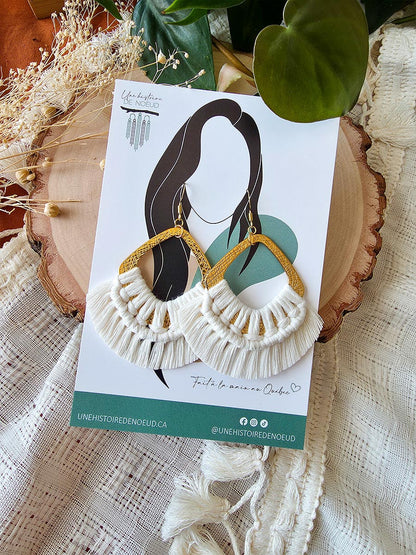 Macrame earrings, wooden base, eucalyptus color, gold clasps