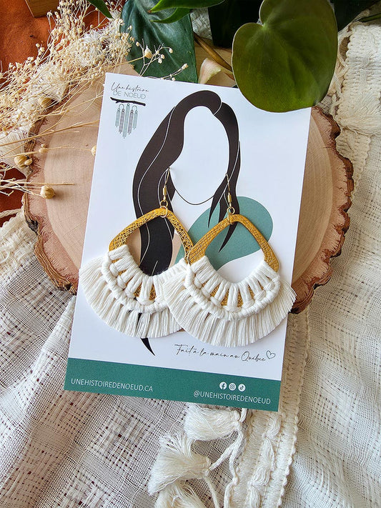 Macrame earrings, wooden base, eucalyptus color, gold clasps