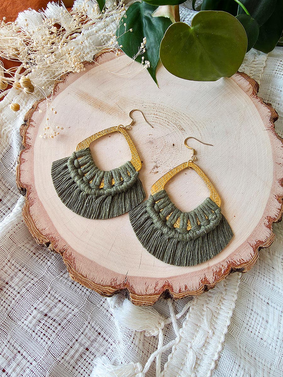 Macrame earrings, wooden base, eucalyptus color, gold clasps
