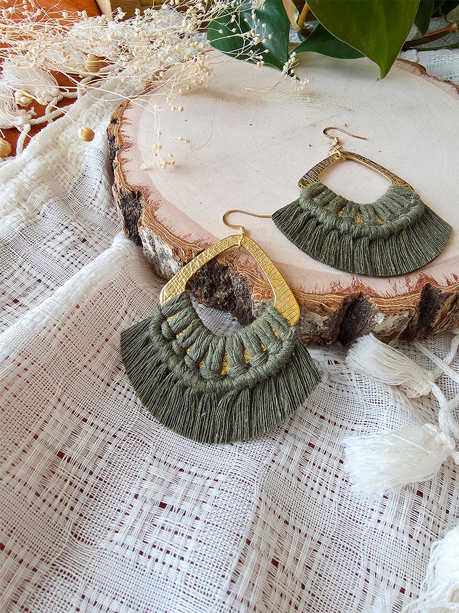 Macrame earrings, wooden base, eucalyptus color, gold clasps