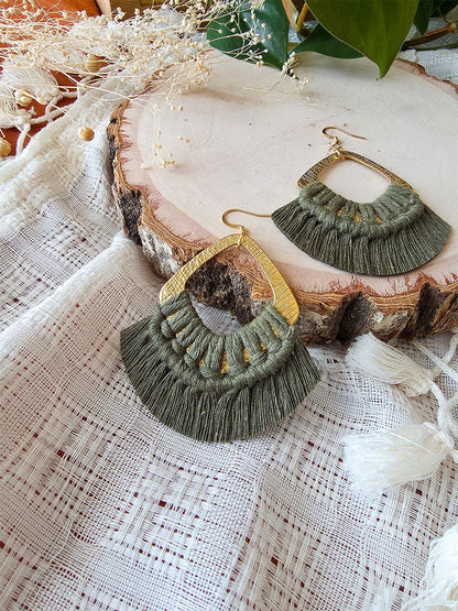 Macrame earrings, wooden base, eucalyptus color, gold clasps