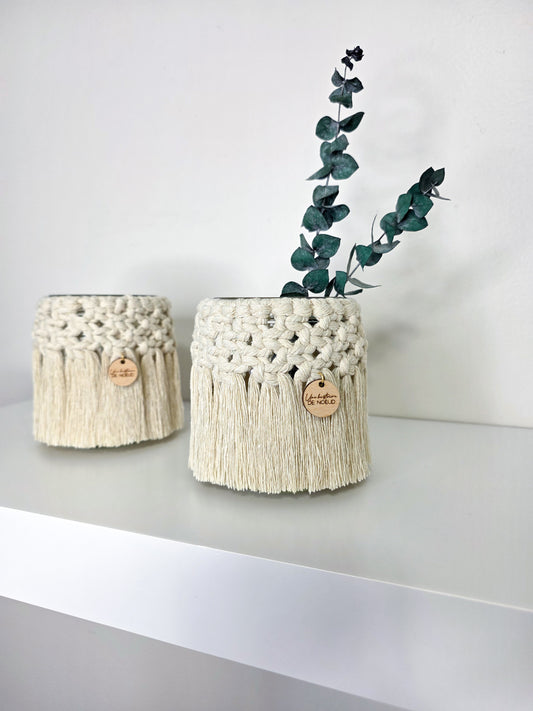 Bougeoir Léa en macramé bohème, vase en verre naturel