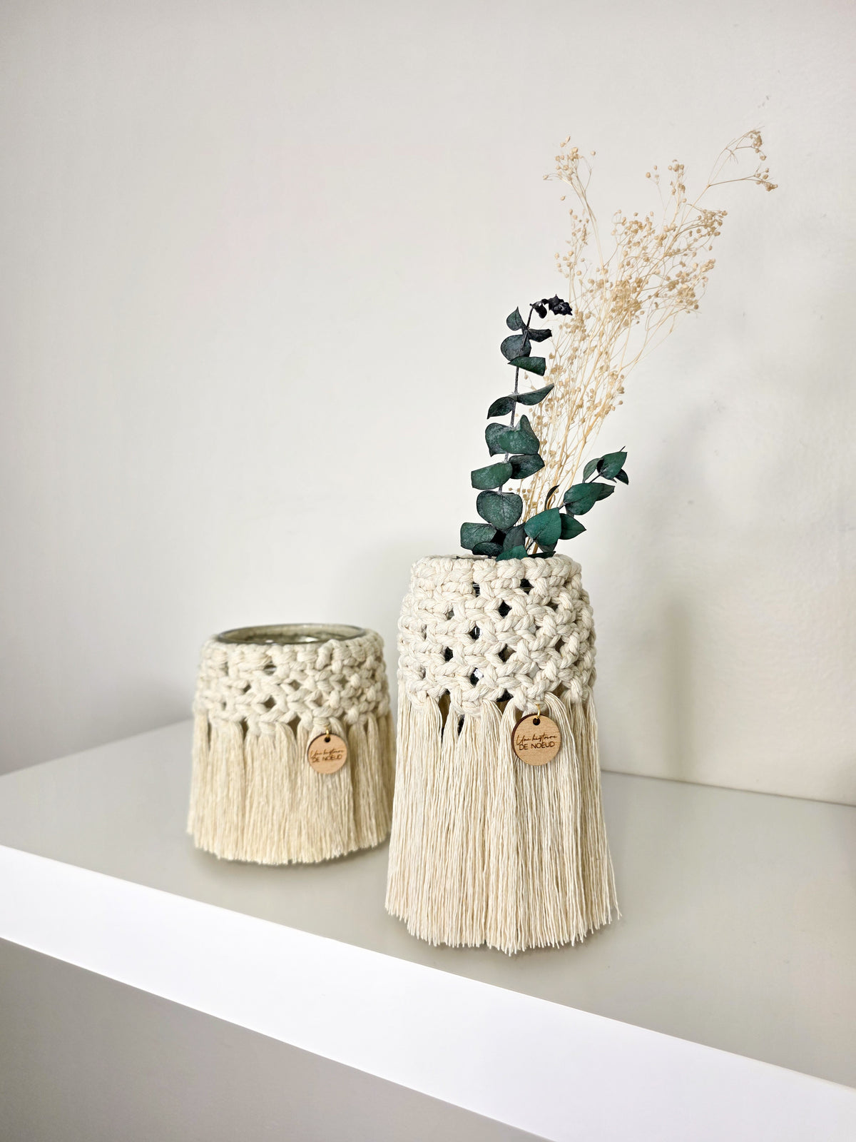 Bougeoir Léa en macramé bohème, vase en verre naturel