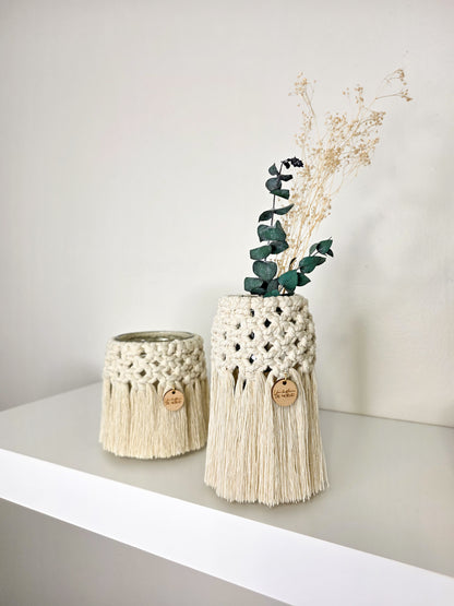 Bougeoir Léa en macramé bohème, vase en verre naturel