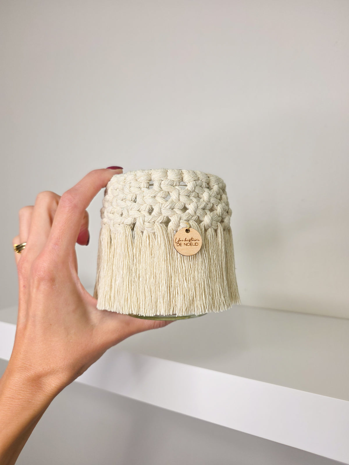 Bougeoir Léa en macramé bohème, vase en verre naturel