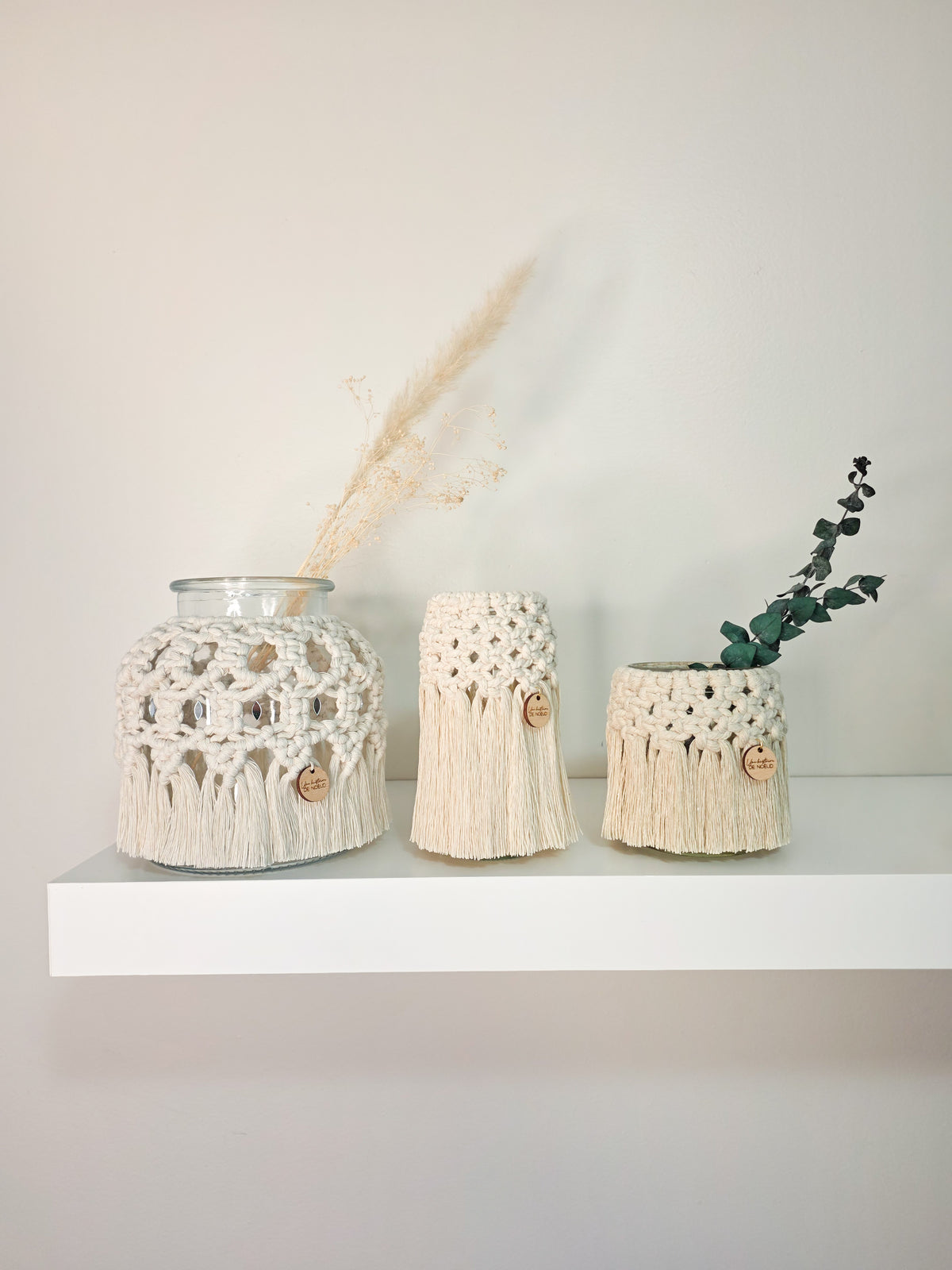 Bougeoir Léa en macramé bohème, vase en verre naturel