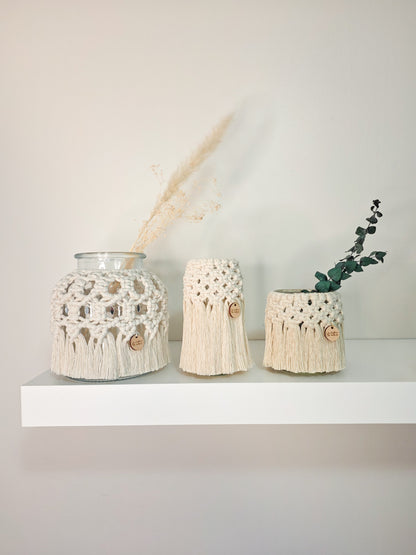 Bougeoir Léa en macramé bohème, vase en verre naturel
