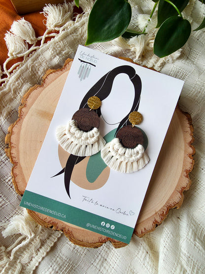 Boucles d’oreilles Mandala – Macramé bohème, couleur naturel et or
