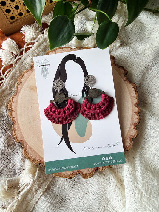 Macrame earrings, wooden base, eucalyptus color, gold clasps